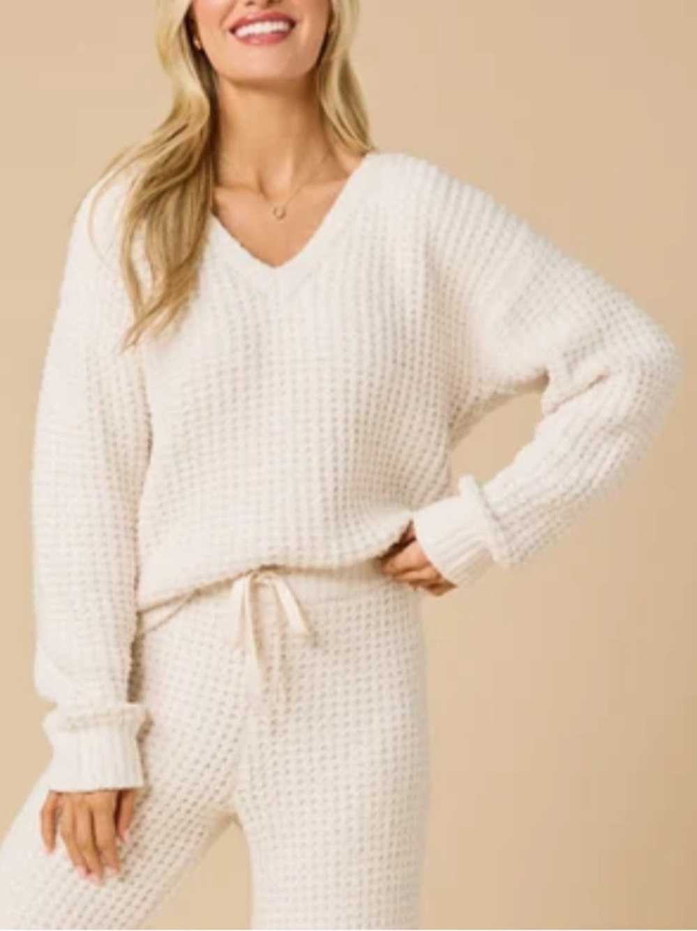 Softies Women Size XL Almond Lounge Pullover Waffle Marshmallow V-Neck Top NWT